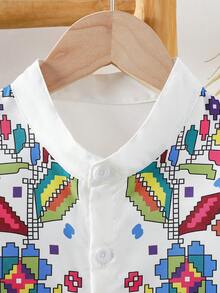 Boys' Graphic Print + White Base Long Sleeve Mandarin Collar Shirt, Suitable For Festivals, Outdoor, Formal, Casual, Daily Wear - White - View 3