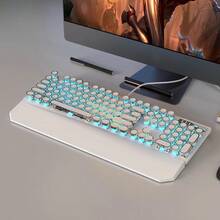 MageGee Typewriter Mechanical Gaming Keyboard, Retro Black Punk Round Keycaps RGB Rainbow Backlit Wired Keyboards For Laptop  PC Gamer, With Magnetic Wrist Rest - Blue Switch - White - View 5