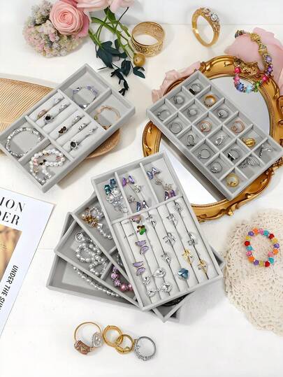1/9pcs Velvet Jewelry Display Tray, Large Capacity Jewelry Organizer Tray, Independent Compartment Jewelry Holder, Minimalist Multi-Slot Jewelry Stand, Jewelry Storage Tray, Stackable Drawer Tray, Suitable For Earrings, Necklaces, Bracelets, Anklets, Rings, Hair Clips, Headbands, Hair Ties