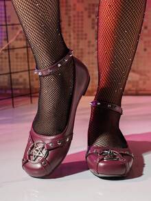 Women's Punk Style Rivet Decor Flat Loafers - Red - View 4