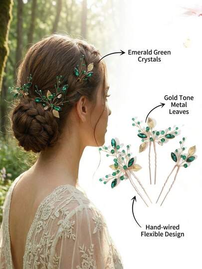 3pcs Emerald Crystal Gold Leaf Hair Clips, Vintage Rhinestone U-Shaped Bridal Hair Accessories, Suitable For Weddings And Galas