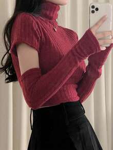 High Neck Pullover Sweater With Sleeve, Festive Vibe, Fitted Knit Top For Women - Burgundy - View 2