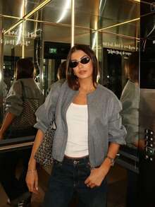 Women's Solid Color Ribbed Zipper Pocket Casual Style Soft Bomber Jacket, Comfortable & Versatile, Suitable For Commuting And Leisure Wear, Elegant & Versatile - Dark Grey - View 1