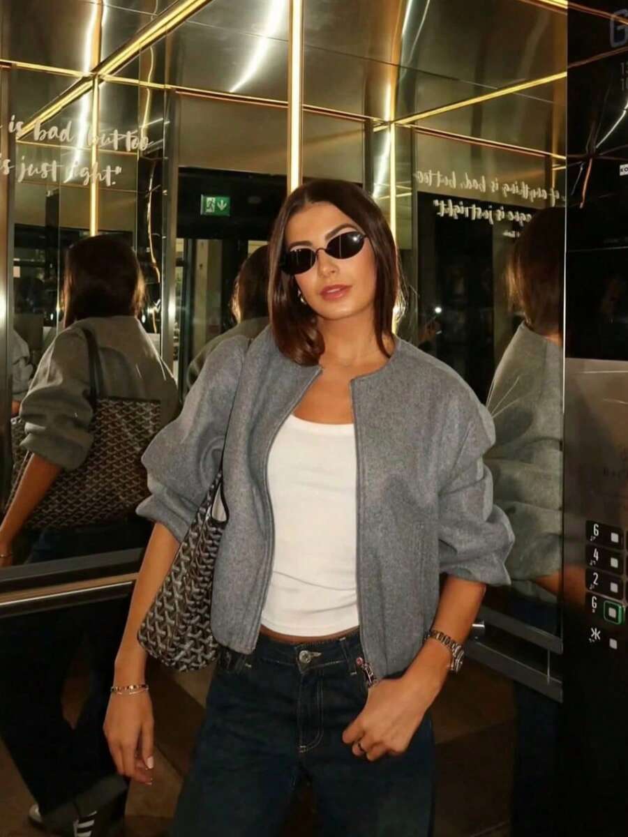 Women's Solid Color Ribbed Zipper Pocket Casual Style Soft Bomber Jacket, Comfortable & Versatile, Suitable For Commuting And Leisure Wear, Elegant & Versatile - Dark Grey - View 1