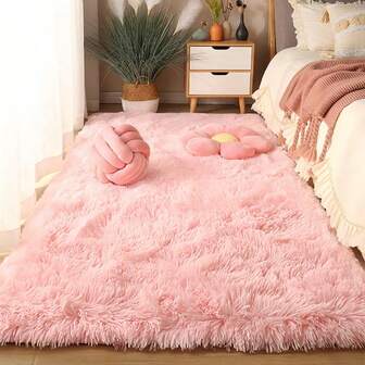 1pc Luxury Pale Pink Fluffy Rug - Soft Plush Polyester Mat, Soft & Comfortable, Machine Washable, Suitable For Bedroom And Living Room, Elegant Bedroom Carpet