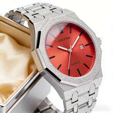 1 件男士石英表，12 面磨砂表壳，不锈钢表带，独特的嘻哈小众设计，防水夜光时尚商务日历腕表 - 均碼 - 查看 3