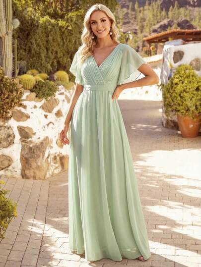 Fjärilsärm, volang i chiffong, salviagrön brudtärneklänning, elegant formell klänning för bröllopsgäster, semi-formell höstklänning, vårklänningar, alla hjärtans dag-klänningar