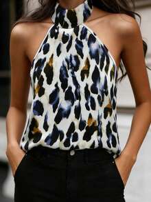 女士时尚优雅都市现代海滩度假豹纹露背无袖上衣，女士沙滩装，女士夏季办公衬衫 - 彩色 - 查看 6