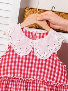 Girls Red & White Plaid Dress With Large Collar, Classic Retro Gingham Pattern, Layered Ruffle Hem Design, Cute & Charming For Birthday Party Or Outdoor Picnic, Spring/Summer - Red - View 6