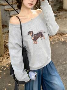 Women's Off-Shoulder Animal Print Casual Versatile Long Sleeve Sweatshirt - Grey - View 7