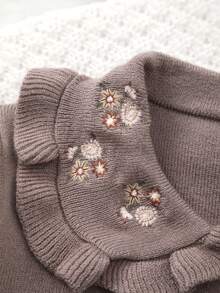Girls' Elegant Embroidered Collar Long Sleeve Knit Sweater - Coffee Brown - View 4