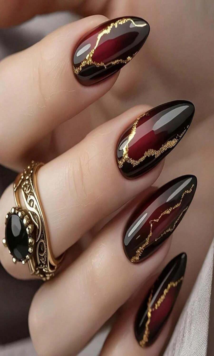 MISUD Press On Nails - Medium Almond Fake Nails With Goth Red Black, Acrylic Bling Gold Glitter Design 24 Pcs - MàuI - Xem 1
