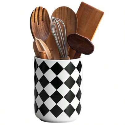 Kitchen Utensil Holder For Countertop 6.4 Ceramic Utensil Holder Deep And Stable Kitchen Utensil Organizer Modern Checkered Utensil Holder For Decor
