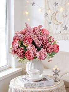 1 pieza/3 piezas Rosas artificiales, Hortensias, Ramos de flores mixtas de Peonías, Decoración de boda y novia, Materiales DIY para coronas, Fiesta de cumpleaños, Decoración del hogar, Relleno de jarrones, Jardín al aire libre, Todo el año, Regalo de Año Nuevo - Rosa Fucsia - Ver 2