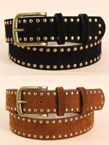 1条/2条装黑色和棕色丝绒女士腰带，高品质金色铆钉装饰手工串珠纯色朋克风PU皮革女士腰带，女士礼物 - 多色絨面 - 查看 6