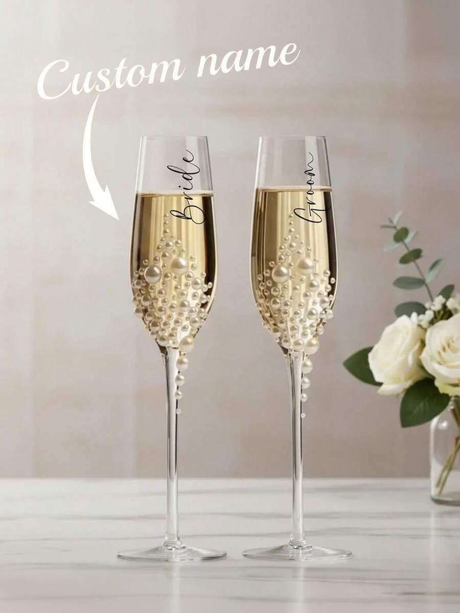 Personalized Bride Champagne Flute, Faux Pearl Crystal Glass Champagne Flute, Customized Champagne Flute For Bride & Bridesmaids - Reusable, Dishwasher , Customized Champagne Flute With Bow / Bride & Bridesmaids Wine Glass / Wedding Party Glassware / Wedding Supplies / Champagne Flute / Champagne Coupe / Bridesmaid / Bride / Maid Of Honor / Mother Of The Bride / Bachelorette Party / Birthday Party - Multicolor - View 1