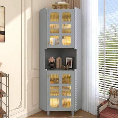 Grey Corner Chest Of Drawers With Lacquered Finish And LED Lighting – Multifunctional Corner Chest Of Drawers For Living Room, Library, Bathroom, Bedroom, Dining Room, MDF Board With Grey Lacquered Surface