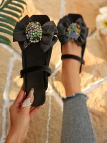 Women's Spring/Autumn New French Style Rhinestone Bow Square Toe Slip-On Mules - Black - View 1