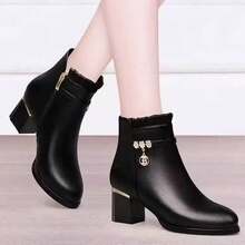 黑色蕾丝女士时尚经典踝靴，中跟及膝鞋，保暖时尚百搭软底妈妈靴，冬季 - 黑色蕾絲 - 查看 2