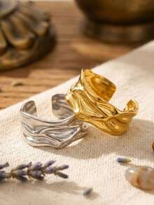 1pc Gold And Silver Tone Textured Cuff Rings Set For Women, Asymmetric Molten Wavy Wide Band Open Adjustable Rings, Chunky Statement Aesthetic Jewelry Gift - Multicolor - View 5