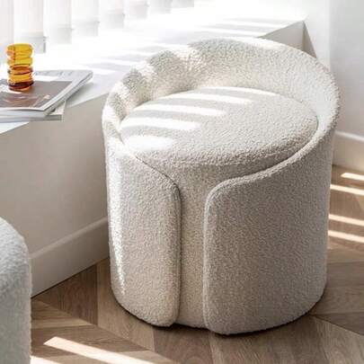 Round Pouffe Dressing Table Stool Teddy Fleece Vanity Chair Low Back Side Chair Living Room Bedroom