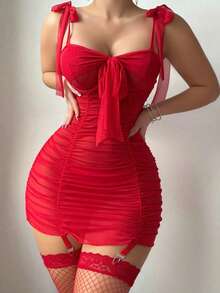 2pcs Set: Women's Sexy Ruched Mesh Bodycon Slip Dress + G-String, Sheer & Revealing, Deep V-Neck Tie-Front Design, Garter Skirt, Suitable For Valentine's Day, Couple's Gift, Wedding, Holiday, Casual, Party, Ramadan And Other Occasions. - Red - View 8