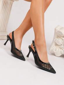 Women's Lace Mesh Kitten Heel Bridal Shoes, Pointed Toe Wedding High Heels,Summer Shoes - Black - View 4