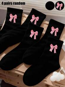 4双随机款女童船袜，爆款蝴蝶结Y2K复古豹纹袜，情人节礼物，Gen Alpha俚语粉色豹纹蝴蝶结袜，多色可爱蝴蝶结豹纹船袜，返校日常休闲袜，假日旅行必备袜 - 彩色 - 查看 1