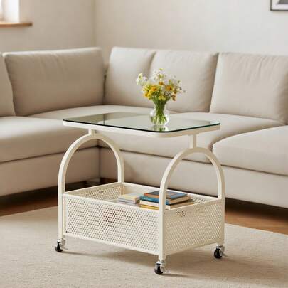 AYYDS Modern Rolling Coffee Table With Wheels, Double-Tier Oval Storage Cart With Thickened Glass Top And Wire Shelf, Sturdy Metal Frame Side Table For Living Room And Bedroom, Ideal For Storing And Transporting Drinks, Snacks, Magazines, And Decorative Items.