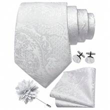 GUSLESON 8cm Paisley Tie Set For Men Necktie Lapel Pin Pocket Square Cufflinks Set For Men,White - White - View 2