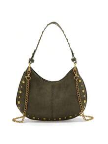 街头朋克铆钉可调节单肩女士斜挎马鞍包 - 橄欖綠 - 查看 2