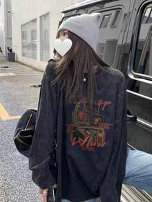 女士复古水洗黑色 Y2K 字母图案宽松休闲长袖圆领 T 恤，街头风，适合度假、居家、上学、春季穿着 - 黑色 - 查看 2