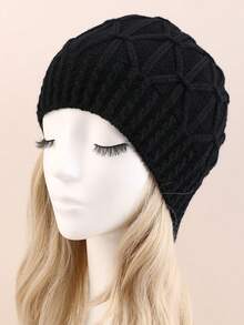 1pc Unisex Cable Knit Beanie Hat, Warm And Fashionable Acrylic Knit Cap - Black - View 4