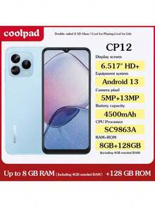 Coolpad 酷派 COOL CP12，Android 13 系统，6.517 英寸高清+屏幕，产品颜色：浅蓝色、黑色，CPU：SC9863A，8GB（含 4GB 可扩展内存）+ 64GB 和 8GB（含 4GB 可扩展内存）+ 128GB 两种存储组合，1300 万像素三摄，4500mAh 电池，双卡双待，支持 4G 充电，欧标智能手机 - 藍色 - 查看 2