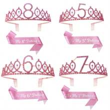 2pcs/Set 4th 5th 6th 7th 8th 9th Birthday Decorations For Girls - Pink Birthday Crown, Glitter Sash, For Girls 4/5/6/7/8/9 Year Old Party Supplies Outfit Gift - Rose Gold - View 1