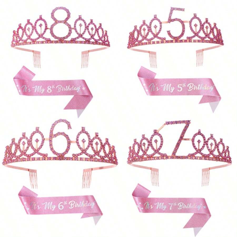 2pcs/Set 4th 5th 6th 7th 8th 9th Birthday Decorations For Girls - Pink Birthday Crown, Glitter Sash, For Girls 4/5/6/7/8/9 Year Old Party Supplies Outfit Gift - Rose Gold - View 1
