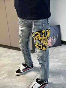 Letter Patch Embroidered Distressed Denim Men's Slim-Fit Stretch Pants With Small Legs, Indie Sleaze Nostalgia Streetwear - 黃色 - 查看 1