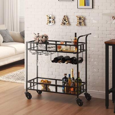 Techigher Bar Cart, Home Bar Serving Cart, 2 Tier Rolling Beverage Cart With Wheels, Modern Wine Cart With Wine Rack & Glass Holder For Kitchen, Living Room, Dinning Room