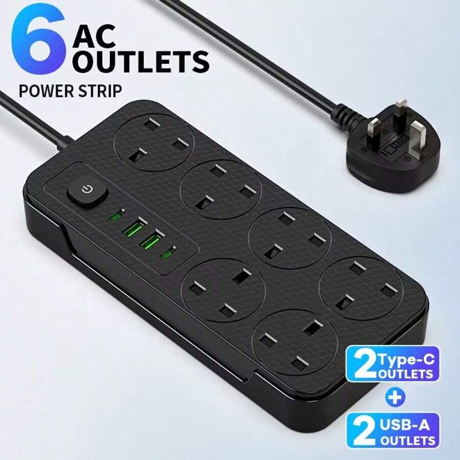 10-In-1 Power Socket Surge Protector, Power Socket/Power Board/Power Strip, 3250W, 13A, 1.8m Power Cord, Portable Power Socket, 6 AC Power Sockets, 4 USB Ports, Suitable For Home, Kitchen, Office Or Hotel Use - 英規插(220-240V) - 查看 1