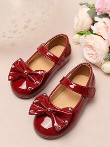 婴儿平底鞋，女童蝴蝶结铆钉休闲鞋，舒适百搭公主鞋，低鞋面时尚皮鞋 - 酒紅色 - 查看 3