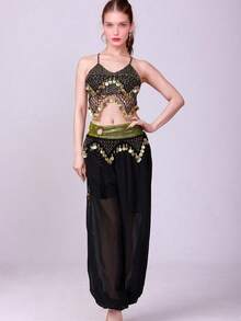 2pcs Chiffon Belly Dance Outfit Set - Chiffon Top And Harem Pants, Or 1pc Chiffon Top (With Non-Removable Padded Bust) And Coin Decorated Costume, Suitable For Female Performers