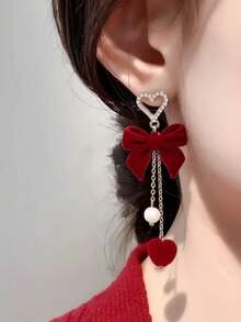 一对经典欧美风时尚红色爱心蝴蝶结流苏耳环，植绒内衬，奢华设计，复古耳环 - 彩色 - 查看 3