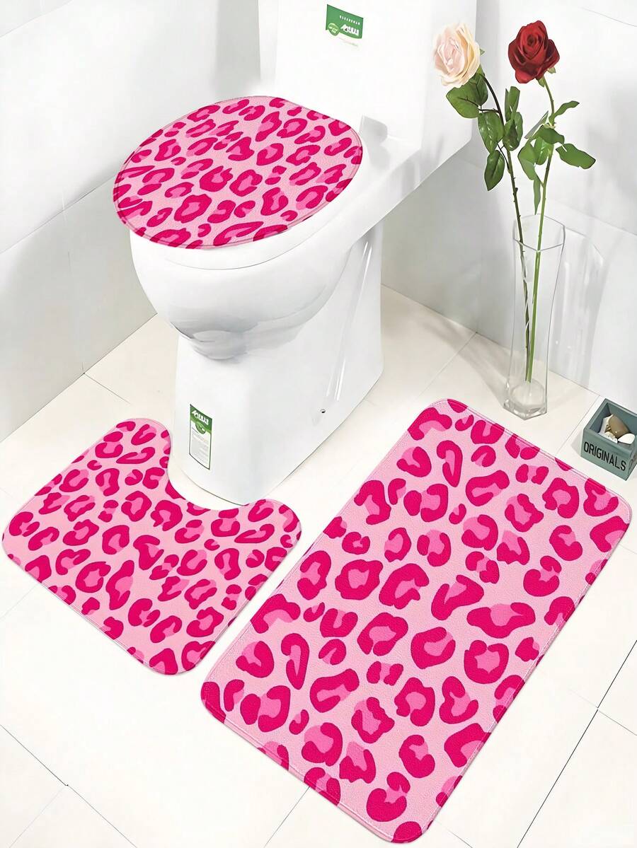 情人节粉色豹纹浴室地垫套装（1/3件），仿毛皮可水洗浴室装饰马桶盖套，柔软浴室地毯，包含浴室地垫、U型地垫和马桶盖套，适用于浴室淋浴区、洗手间，多功能地毯，四季皆宜，经久耐用，是理想的礼物之选，节日礼物，秋冬季装饰佳品。 - 彩色 - 查看 1