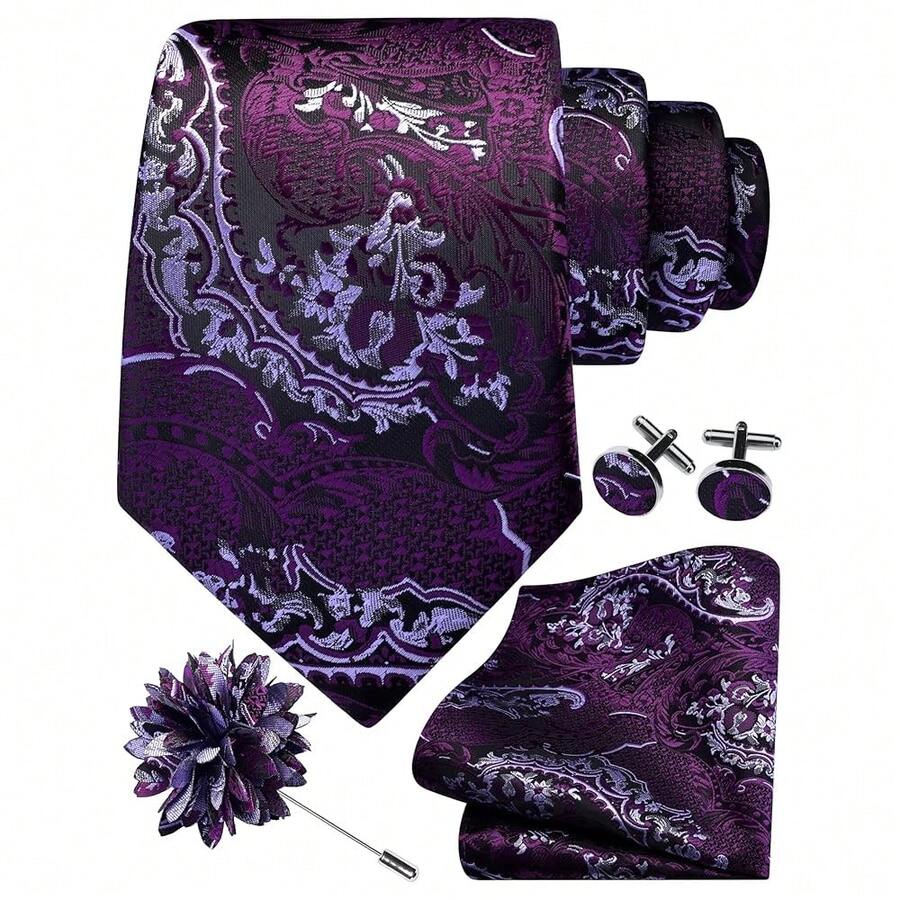 GUSLESON 8cm Paisley Tie Set For Men Necktie Lapel Pin Pocket Square Cufflinks Set For Men,Purple - Purple - View 1