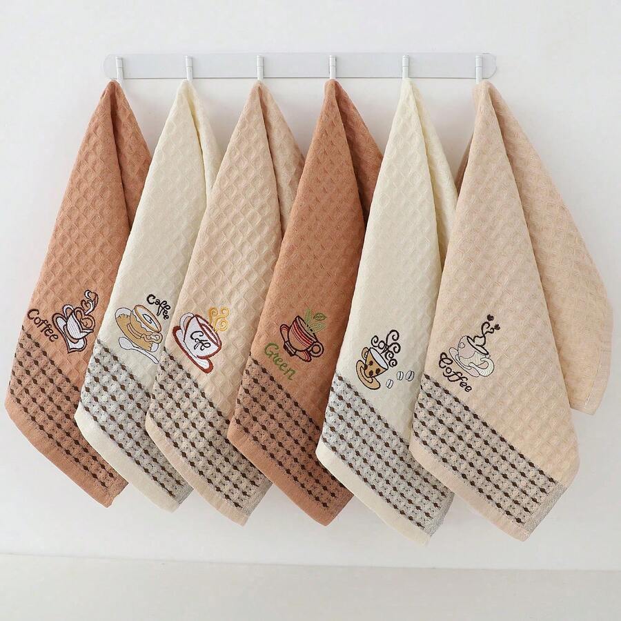 6pcs Waffle Embroidered Coffee Series Towels, Tea Towels, Home & Kitchen Cleaning Cloths - Multicolor - View 1