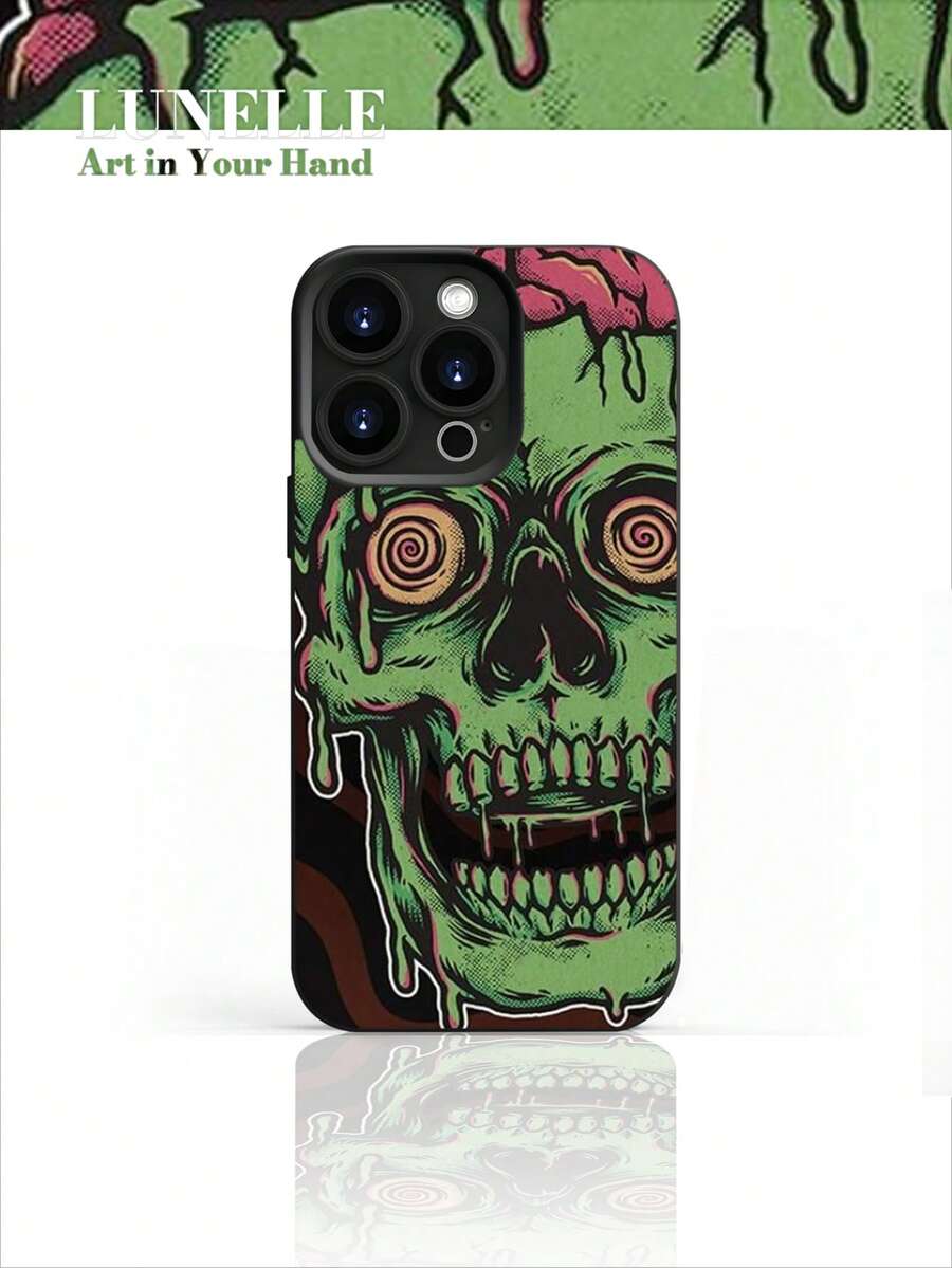 1pc Green Zombie Skull Art Pattern TPU Phone Case Bright Candy Colors Comfortable Skin Friendly Grip Holiday Gift For Girlfriend Or Self Use Compatible With Iphone 16 15 14 13 12 11 Series - 黑色 - 查看 1