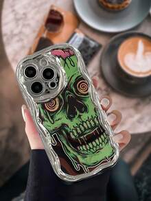 1pc Green Skull Horror Pattern Electroplated Cream Wave Phone Case Soft TPU Full Protection Stylish Shockproof Comfortable Grip Holiday Gift For Girlfriend Or Self Use Compatible With Iphone 16 15 14 13 12 11 Xr Xsmax Xs X Series - 銀色 - 查看 2
