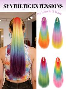 24-Inch Long,Voluminous,Colorful Hair Clip-On Ponytail,Synthetic Dyed Medium-Length Hair Clip-On Ponytail,Colorful Ombre Wig Ponytail For Nightclubs, Parties, And Performances - Multicolor - View 2