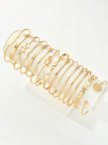 Bộ 15/12/10/7/5 chiếc vòng tay kim loại kiểu dáng cổ điển, thanh lịch, tinh tế với họa tiết hoa, nút thắt, dây xích, tình yêu, ngôi sao, họa tiết nổi, hình trái tim, bện xoắn nhiều lớp, tối giản, thích hợp cho các dịp lễ, tiệc tùng, hẹn hò, làm quà tặng và đeo hàng ngày. - Vàng - Xem 8