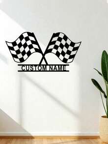 3 Size Options! 1pc Personalized Metal Racing Flag Gate Wall Decor - Custom Name Iron Art Wall Hanging, Black Finish, Suitable For Home And Garage Decoration, Fit For Children 14+ Years Old - Black - View 5